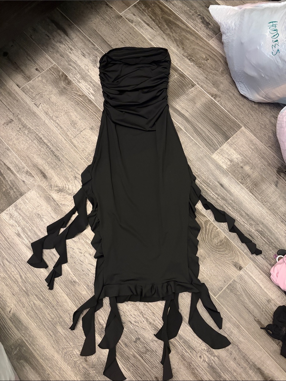 Strapless Black Ruched Fringe Midi Dress